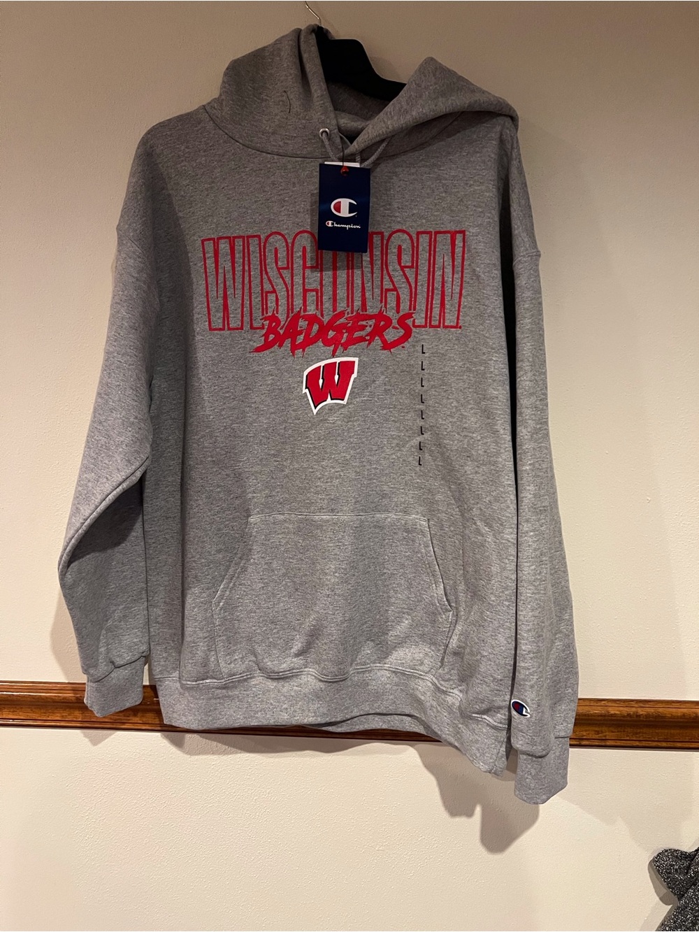 Champion Gray Wisconsin Badgers Crewneck Hoodie with Red Logo